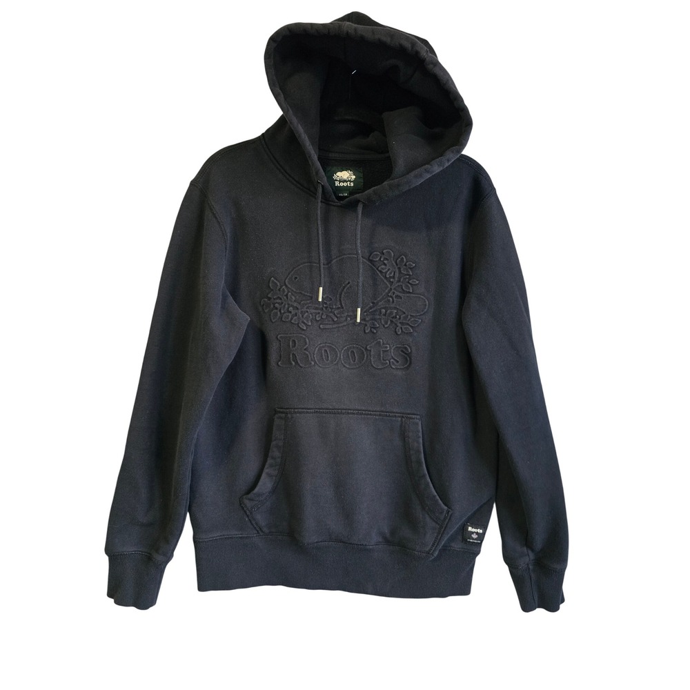 Roots Mens XS Black Embossed Beaver Logo Pullover Hoodie Cotton Blend Fleece